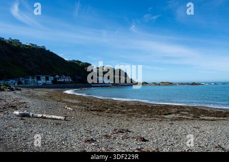Una tranquilla spiaggia caratterizzata da una costa rocciosa, onde dolci e un cielo azzurro. La spiaggia e' costeggiata da alghe e da mare, con case in pietra Foto Stock