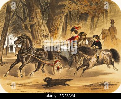 Giro selvaggio con la carrozza trainata da cavalli, frusta, manzi di donna, ragazza seduta in carrozza, bambino che cavalca sul pony accanto ad essa, cane, bambini, gentiluomo Foto Stock
