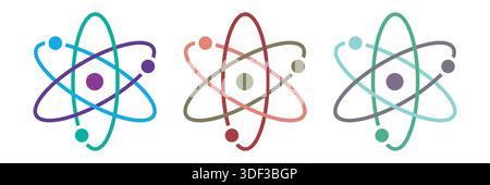 Insieme di icone vettoriali Atom con tre elettroni ruotano in orbita attorno all'illustrazione del vettore del nucleo atomico Illustrazione Vettoriale