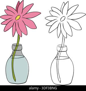Girasole all'interno del vaso con isolamento dell'acqua illustrazione disegnata a mano. Grafica vettoriale con inchiostro a linee colorate. Da utilizzare per confezioni cosmetiche, negozi, negozi, prodotti Illustrazione Vettoriale