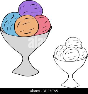 Sundae di gelato alla fragola, illustrazione isolata disegnata a mano. Grafica vettoriale con inchiostro a linee colorate. Striscioni, poster, carta da imballaggio, adesivo, stampa, mod Illustrazione Vettoriale