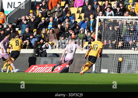 Wolverhampton, Regno Unito, 10 gennaio 2026. Jørgen Strand Larsen dei Wolves segna il suo primo gol nella finale di fa Cup tra Wolverhampton Wanderers e Shrewsbury Town FC al Molineux Stadium. Gustavo Pantano/Alamy Live News Foto Stock