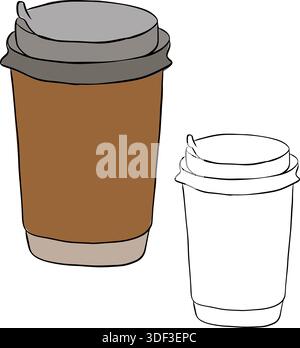 Illustrazione isolata della tazza di caffè di carta monouso. Design grafico vettoriale con inchiostro a linee colorate per grafica di moda, stampe tessili, tessuti, wallpape Illustrazione Vettoriale
