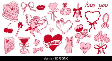 San Valentino con elementi doodle e romantico set d'amore Illustrazione Vettoriale