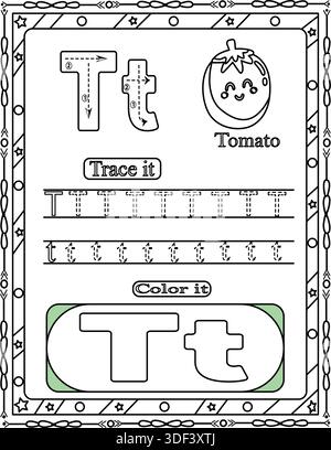 Foglio di lavoro Alphabet T Tracing per bambini. Impara T per il pomodoro. Pagina colori alfabeto T per bambini e adulti. Illustrazione Vettoriale