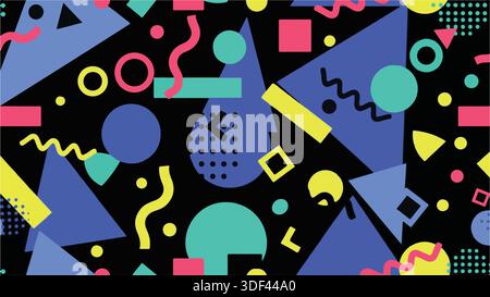 Vivace motivo Memphis anni '90 senza cuciture con forme geometriche, squiggles e triangoli su sfondo nero. Illustrazione Vettoriale