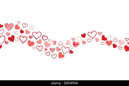 Design a bordo orizzontale di San Valentino con motivo ondulato di cuori rossi e rosa su bianco Illustrazione Vettoriale