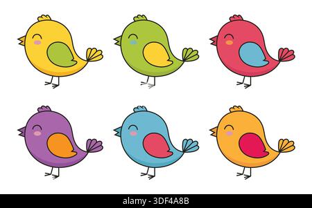 Set di simpatici e colorati Cartoon Birds Collection isolati su sfondo bianco per Kids Design Illustrazione Vettoriale