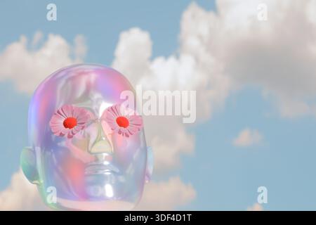 Una testa traslucida con fiori rosa negli occhi galleggia contro un cielo blu con nuvole. rendering 3d. Foto Stock