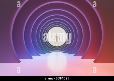 Una figura solitaria si trova all'estremità luminosa di un vivace tunnel circolare multicolore. rendering 3d. Foto Stock