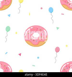 Un colorato motivo senza cuciture caratterizzato da ciambelle, palloncini e coriandoli smaltati rosa. Perfetto per decorazioni di feste, confezioni regalo di compleanno, pacchetti di prodotti da forno Illustrazione Vettoriale