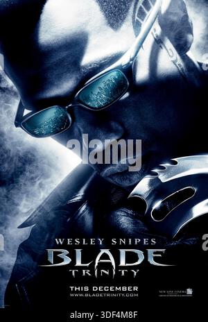 Blade: Trinity (2004) (ad) diretto da David S. Goyer e interpretato da Wesley Snipes, Ryan Reynolds e Jessica Biel. Il cacciatore di vampiri Blade si unisce alle forze di una nuova squadra di alleati per combattere un potente vampiro antico noto come Dracula e riscattare il suo nome dopo essere stato incastrato come assassino. Fotografia di un poster originale del 2004 DA UTILIZZARE ESCLUSIVAMENTE PER L'EDITORIALE. Credito: BFA / New Line Cinema Foto Stock