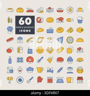 Un set di 60 icone vettoriali moderne per la panificazione, la cucina e la cucina. Include simboli di contorno per pane, pasticceria, strumenti e ingredienti. Perfetto per la crusca Illustrazione Vettoriale