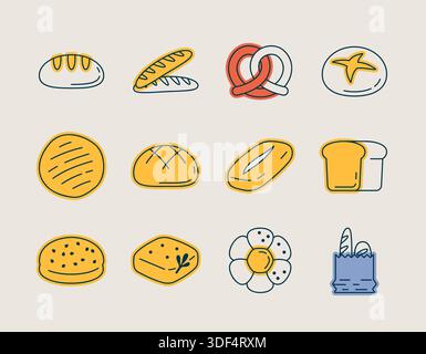 Un set di 12 icone lineari con riempimenti di colore parziali, con vari tipi di pane, baguette e prodotti da forno. Perfetto per panificio, caffè e ristoranti Illustrazione Vettoriale