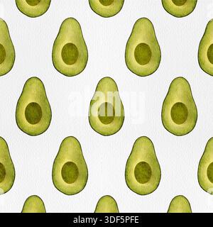 Effetto acquerello digitale senza interruzioni con metà avocado. Perfetto per progetti tessili, di imballaggio, alimentari e di design. Foto Stock