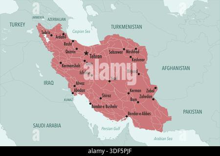 Mappa moderna dell'Iran con le principali città, strade e paesi vicini Illustrazione Vettoriale