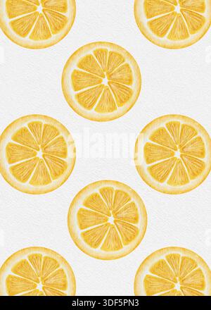 Immagine digitale ad acquerello con motivo di fette arancioni senza cuciture, design vivace e fresco. Foto Stock