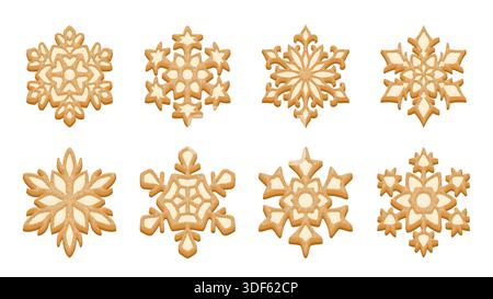 Biscotti al fiocco di neve di pan di zenzero con glassa di zucchero e motivi decorativi. Collezione di prodotti da forno natalizi ispirata ai fiocchi di neve invernali per il design e la confezione delle feste. Illustrazione vettoriale Illustrazione Vettoriale