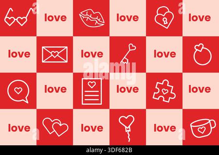 Divertente illustrazione di cartoni animati con attrezzature per San Valentino, con oggetti carini a tema d'amore, ideale per disegni divertenti, adesivi e post festivi sui social media Illustrazione Vettoriale