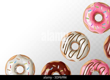 illustrazione vettoriale realistica. Set di ciambelle appena sfornate e smaltate colorate in cioccolato e sprinkles. Isolato sullo sfondo. Illustrazione Vettoriale