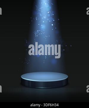 illustrazione astratta. Luce spot dall'alto con bagliori e scintille e luce magica e podio scuro su sfondo nero. Illustrazione Vettoriale