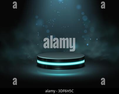 illustrazione astratta. Podio luminoso al neon con spot luminoso dall'alto e scintilla su sfondo scuro. Illustrazione Vettoriale