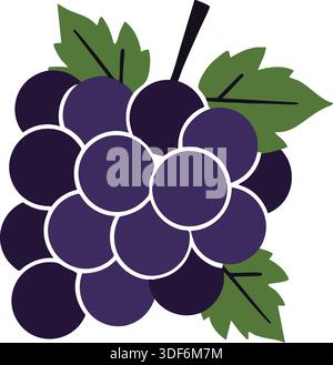 Un intero gruppo di uve viola con foglie verdi e un gambo corto. Illustrazione Vettoriale
