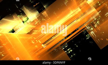 Linee e forme luminose creano una scena digitale astratta piena di colori arancione e verde. lo sfondo scuro aggiunge profondità alla grafica brillante, suggerisci Foto Stock