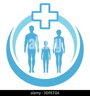 Illustrazione del logo dell'assistenza sanitaria. Persone in cerchio con una croce medica su sfondo bianco. Illustrazione Vettoriale