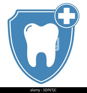 Illustrazione del logo della clinica odontoiatrica. Scudo con un dente e una croce medica su sfondo bianco Illustrazione Vettoriale