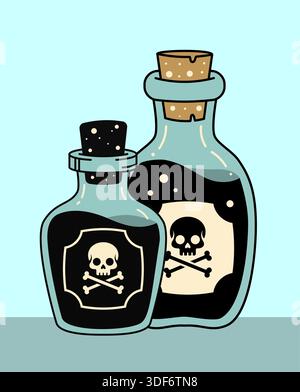 Bottiglie di veleno per cartoni animati con etichette per teschi e ossa incrociate, una con tappo nero e una con tappo. Ideale per Halloween, simboli di pericolo o spo Illustrazione Vettoriale