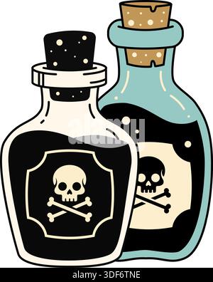 Bottiglie di veleno per cartoni animati con etichette per teschi e ossa incrociate, una con tappo nero e una con tappo. Ideale per Halloween, simboli di pericolo o spo Illustrazione Vettoriale