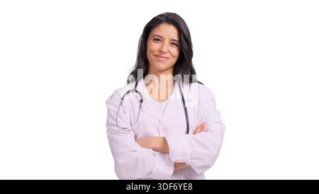 Medico donna con stetoscopio che sorride braccia incrociate Foto Stock