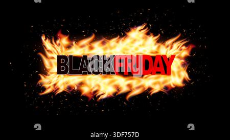 Banner promozionale del Black Friday con testo in fiamme, promozione hot discount su sfondo scuro per annunci, Web, social media, volantini per i negozi. Vendite del Black Friday Illustrazione Vettoriale
