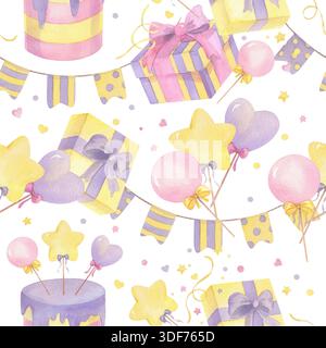 Motivo acquerello senza cuciture di torta di compleanno, ghirlanda di bandiere, serpentine, regali, coriandoli e lecca lecca-lecca. Per carta da imballaggio, biglietti d'auguri Foto Stock