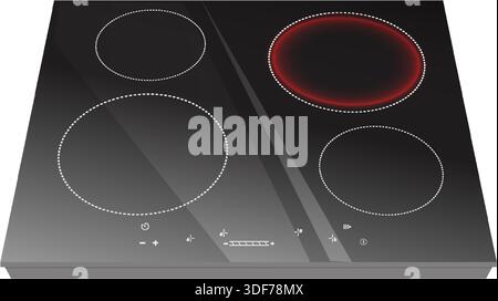 illustrazione realistica dell'icona vettoriale. Elettrodomestici da cucina, piano cottura elettrico e a induzione, piano cottura. Isolato su bianco. Illustrazione Vettoriale