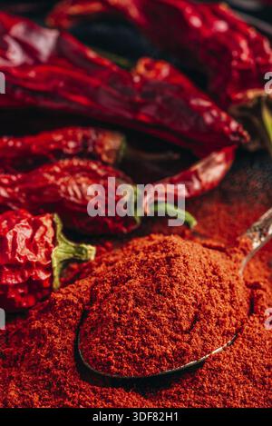 1 cucchiaio di peperoncino rosso in polvere pepe con peperoni secchi Foto Stock
