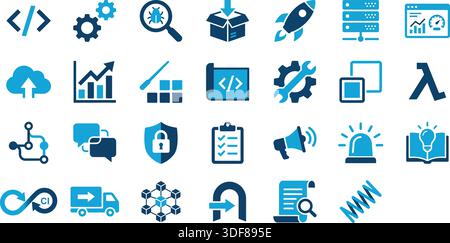 Ampia raccolta completa di icone vettoriali di colore blu chiaro e scuro che rappresentano i concetti chiave nell'ingegneria del software, DevOps, infrastruttura cloud, qu Illustrazione Vettoriale