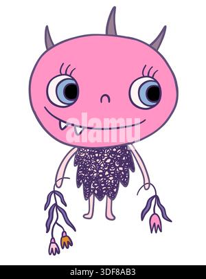 Divertente mostro vettoriale viola e rosa soffice disegnato a mano che tiene fiori selvatici, sciocco e brutto animale alieno per bambini e disegni di compleanno per bambini Illustrazione Vettoriale