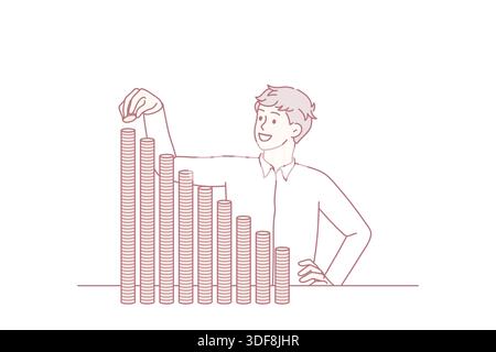 Successo finanziario e concetto di sviluppo. Giovane uomo d'affari sorridente in piedi mettendo monete superiore e superiore in pile sensazione dinamica positiva illustrazione vettoriale Illustrazione Vettoriale