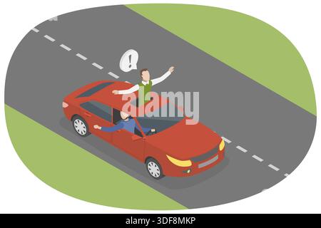 Illustrazione piatta isometrica 3D della guida di un'auto pericolosa, sospensione del passeggero dal tetto apribile Foto Stock
