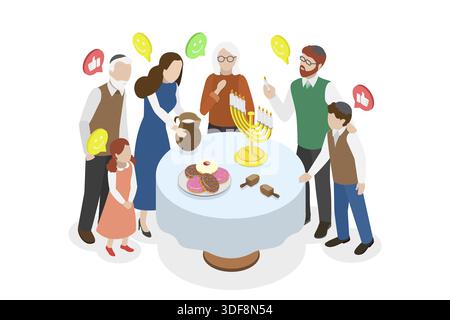 Illustrazione piatta isometrica 3D di celebrare Hanukkah, il Festival ebraico delle luci Foto Stock