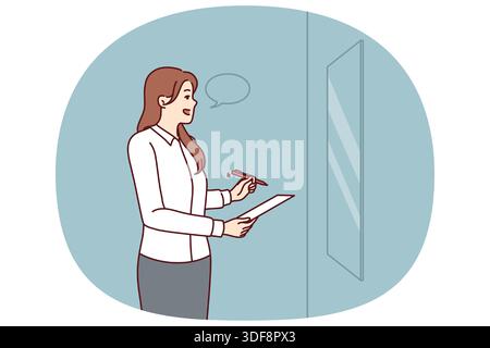 La donna prova il discorso motivazionale in piedi di fronte allo specchio e impara le abilità oratorie e persuasive. Donna d'affari con penna e foglio di carta che prova il discorso di presentazione per la conferenza Illustrazione Vettoriale