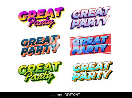 Una collezione di sei loghi vivaci e colorati con il testo Great Party. Ogni logo ha uno stile unico, che include caratteri in grassetto e vari colori sc Illustrazione Vettoriale