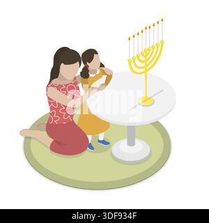Illustrazione piatta isometrica 3D delle tradizioni di Hanukkah, festa ebraica Foto Stock