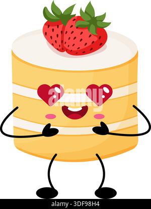 Carino personaggio di Kawaii Strawberry Cake in Love Illustrazione Vettoriale