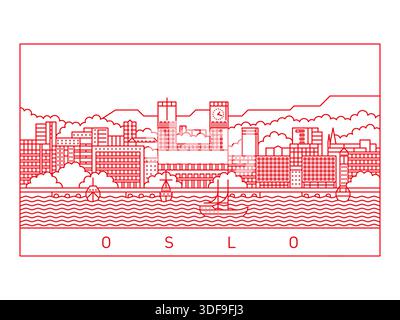 Arte in linea minimalista che raffigura il paesaggio urbano di Oslo, caratterizzata da un'architettura nordica contemporanea e da un paesaggio sul lungomare Illustrazione Vettoriale