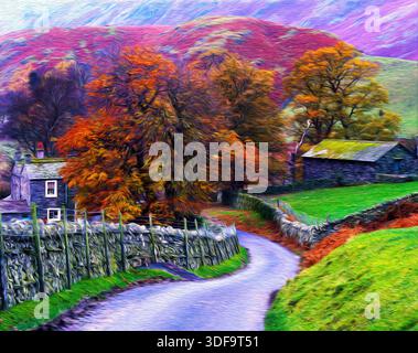 Una vista autunnale/autunnale del villaggio di Martindale nel Lake District inglese, raffigurato in stile pittorico. Foto Stock