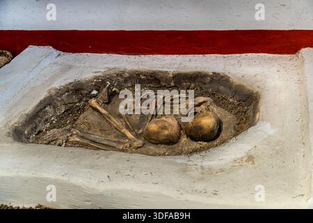 Una ricostruzione funeraria al museo di Çumra, Turchia, mostra due teschi umani e resti scheletrici così come sono stati trovati sotto un pavimento di una casa a Çatalhöyük. Gli abitanti di Çatalhöyük, in uno degli insediamenti neolitici più rinomati al mondo, seppellivano i loro morti sotto i pavimenti delle loro abitazioni, spesso sotto piattaforme per dormire. Foto Stock