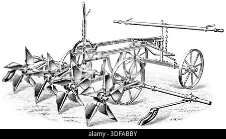 Piantatrice di patate. Pubblicazione del libro Meyers Konversations-Lexikon, volume 7, Lipsia, Germania, 1910 Foto Stock